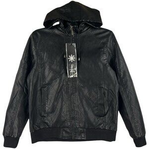Men's Black Leather Hooded Bomber Jacket